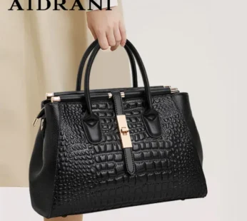 Aidrani Women Crocodile Pattern Genuine Leather Handbag Large Capacity Black